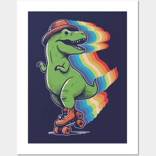 T-Rex playing roller skates Posters and Art